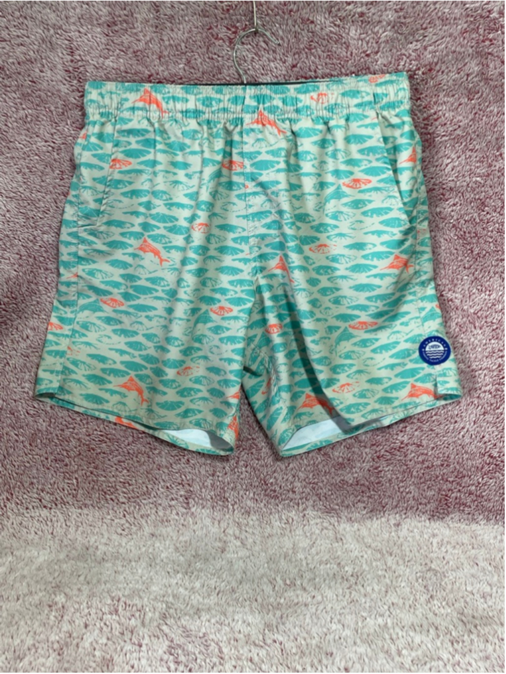 Men's AFTCO Swim Trunks S Beige Teal Fish Print